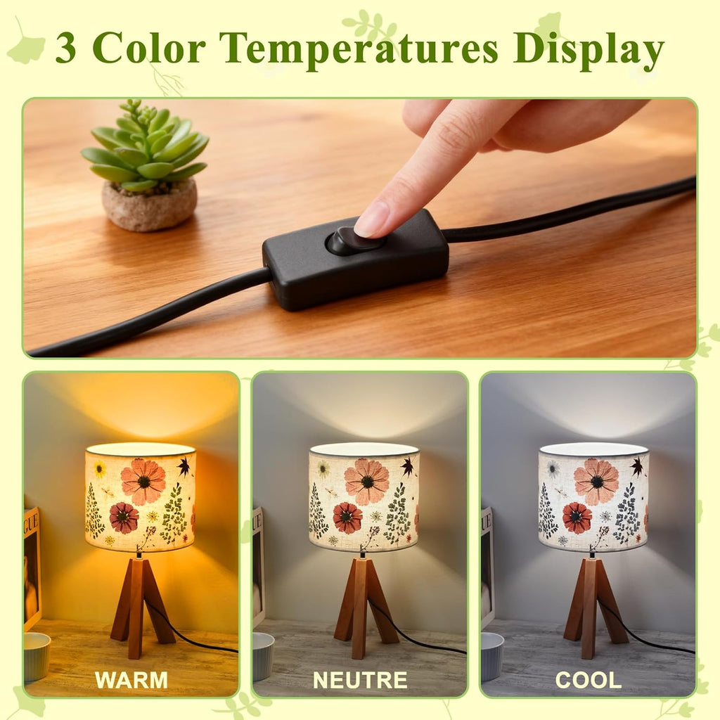 Dried Flowers Tripod Table Lamp 14.96in, 9W LED 3-Color Cute Bedside Lamp with Flowers Linen Lampshade for Nursery, Bedroom, Kid Room…