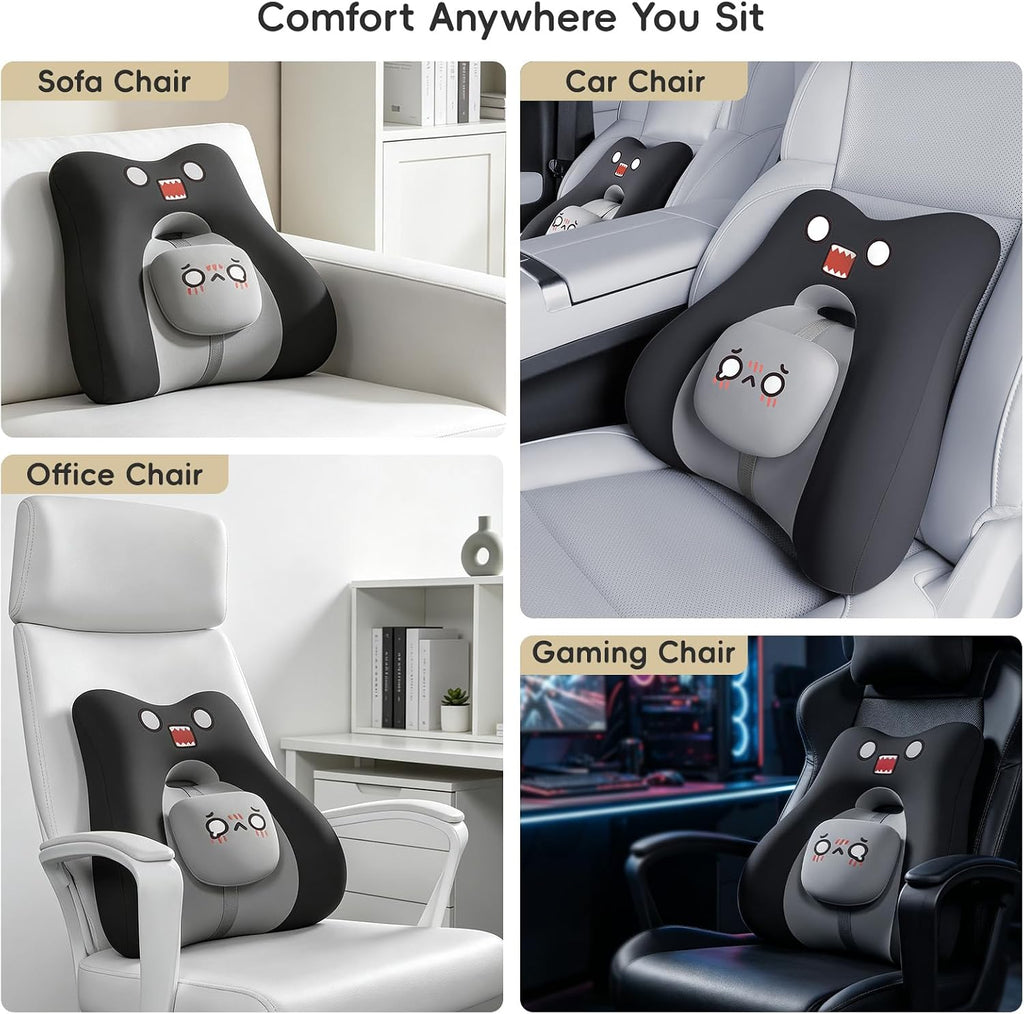 Bebas Lumbar Support Pillow for Car & Office Chair - Ergonomic Back Support Cushion with Adjustable Memory Foam Bolster, Cute Cartoon Desig…