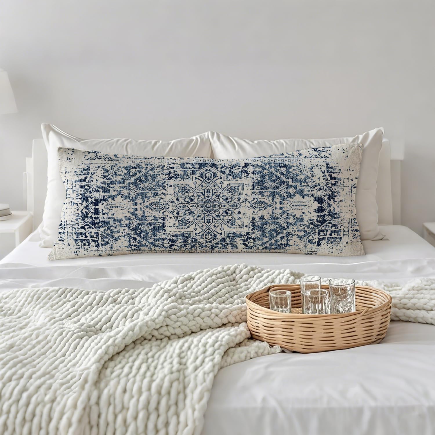 Retro Boho Blue Tribal 20x54 Body Pillow Cover, Boho Home Room Decor, Vintage Blue Ethnic Moroccan Decorative Long Body Pillow Cases for…