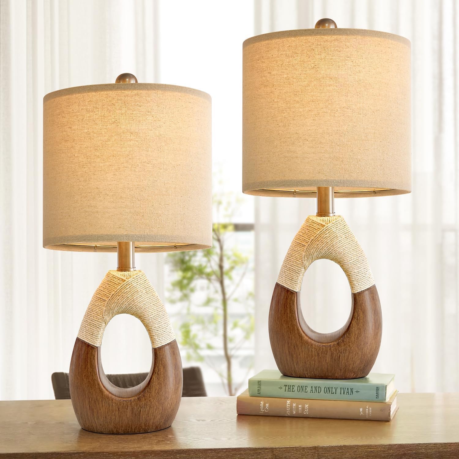 OYEARS Boho Table Lamps Bedroom Living Room Set 2, Suitable for Small Space, Farmhouse RattanTable Lamp 19”Rustic Egg Design Resin Light…