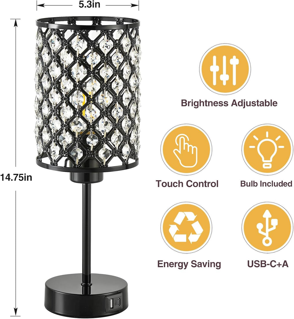 GyroVu Crystal Table Lamp, Black Lamp for Bedroom Nightstand with USB C+A Ports, Dimmable Touch Lamp with Crystal Shade, Bedside Lamp…