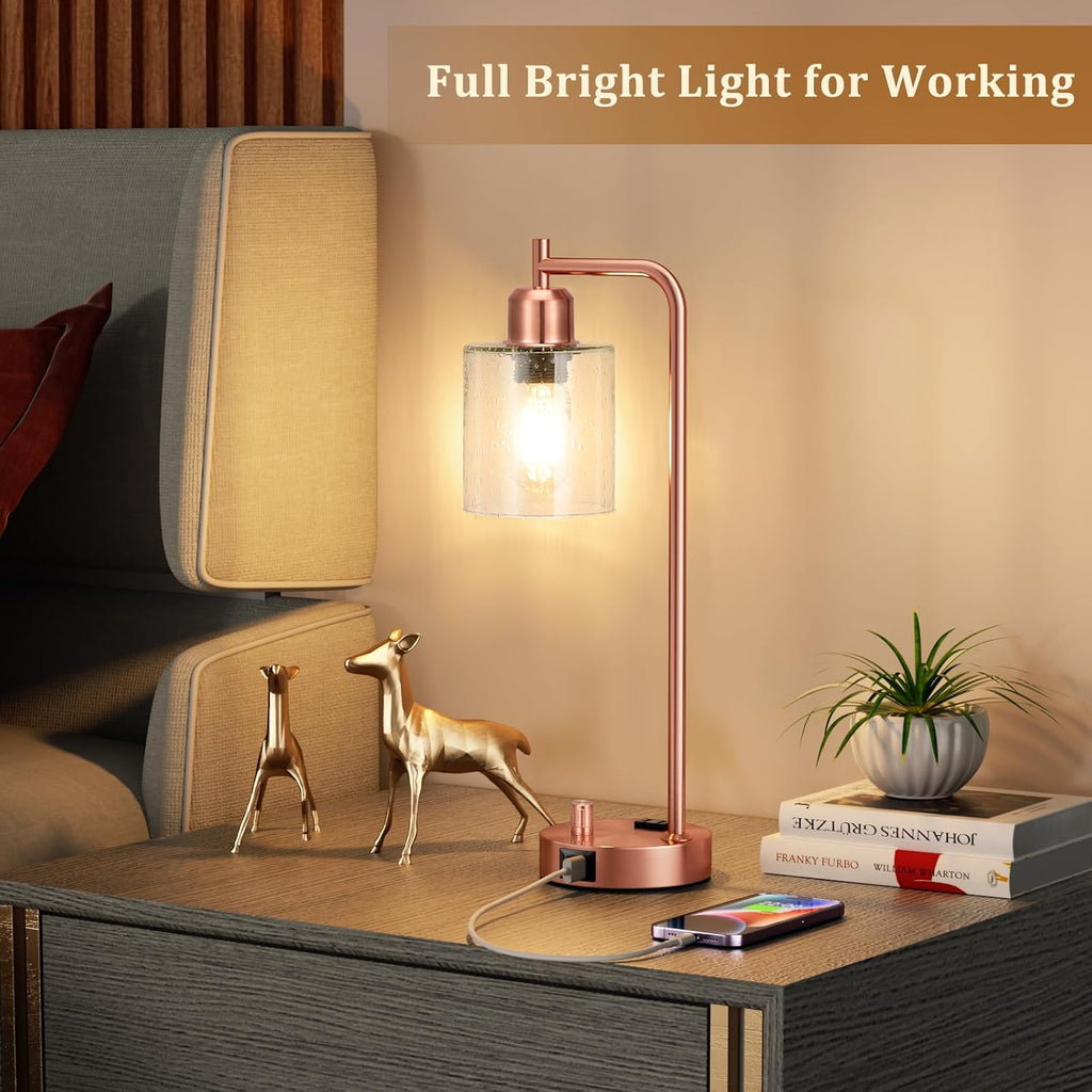 Innqoo Copper Industrial Bedside Table Lamp for Bedroom - Nightstand Lamps with USB C Charging Port, Fully Dimmable Black Ports and…
