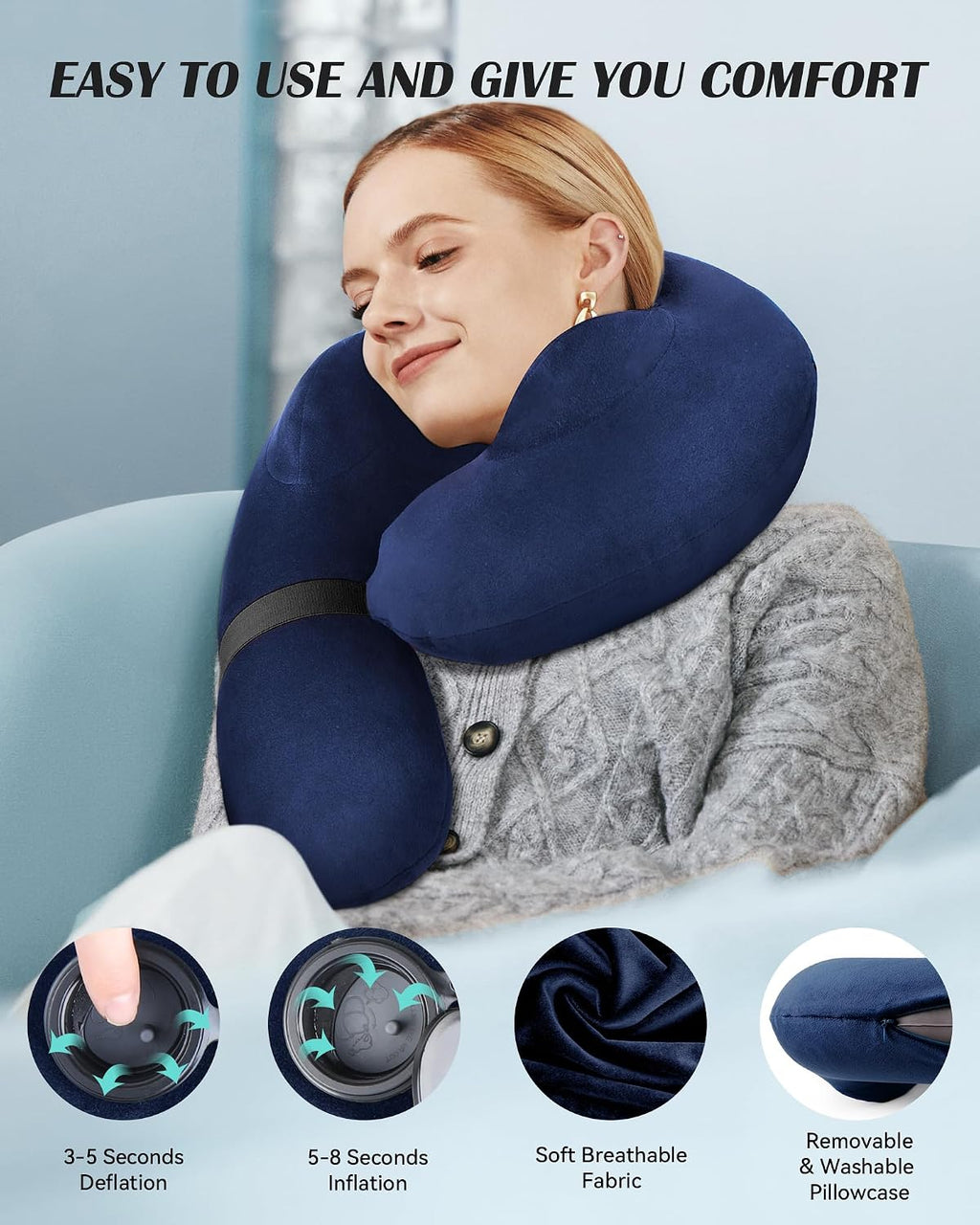 Patented Design Inflatable Travel Neck Pillow – Airplane Neck Pillow with 360° Head & Neck Support, Soft Washable Velvet Cover, Compact…