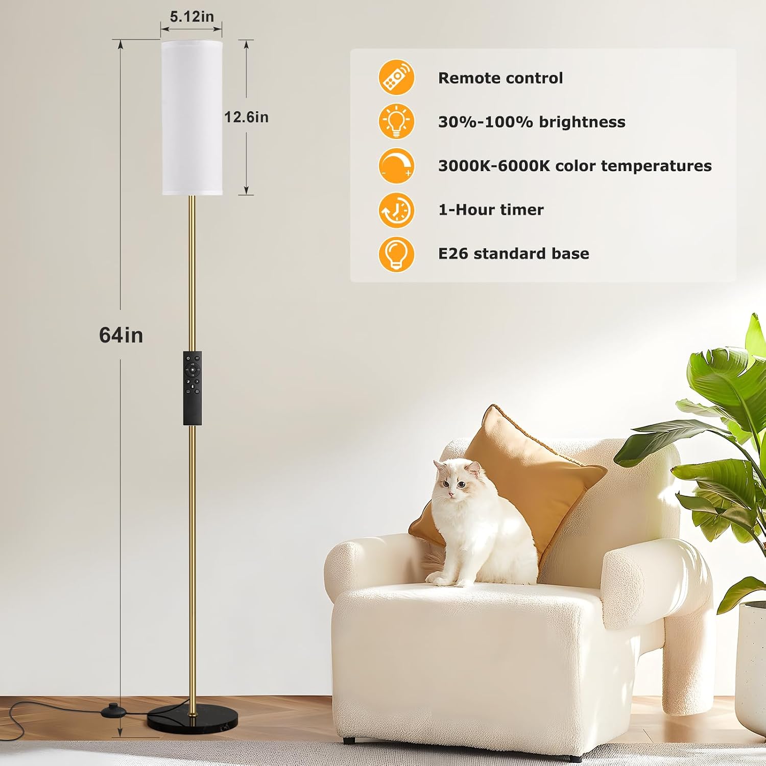 Ambimall 64'' Floor Lamps for Living Room with Remote Control and Stepless Dimmable Colors Temperature & Brightness, Gold Standing Lamp…