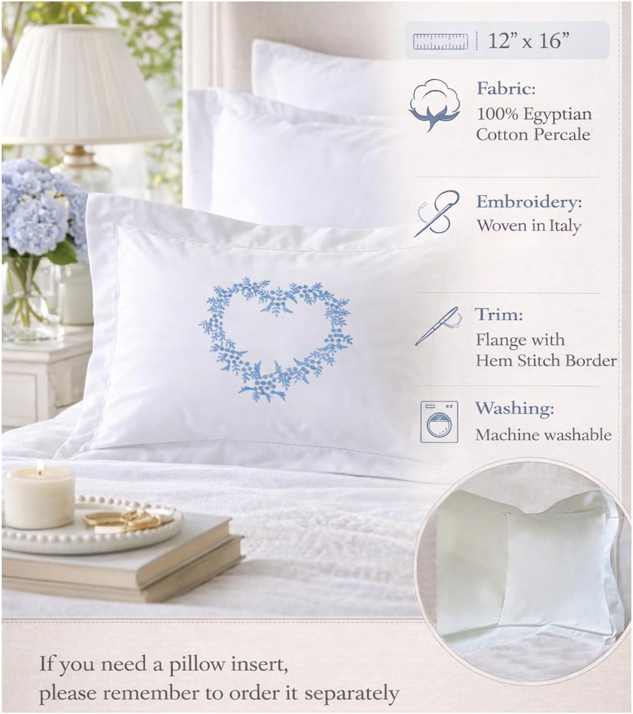 Jacaranda Living Embroidered Boudoir Pillow Cover – Handcrafted Embroidery, Fine Italian Cotton, Decorative Pillow Accent for Bedroom &…