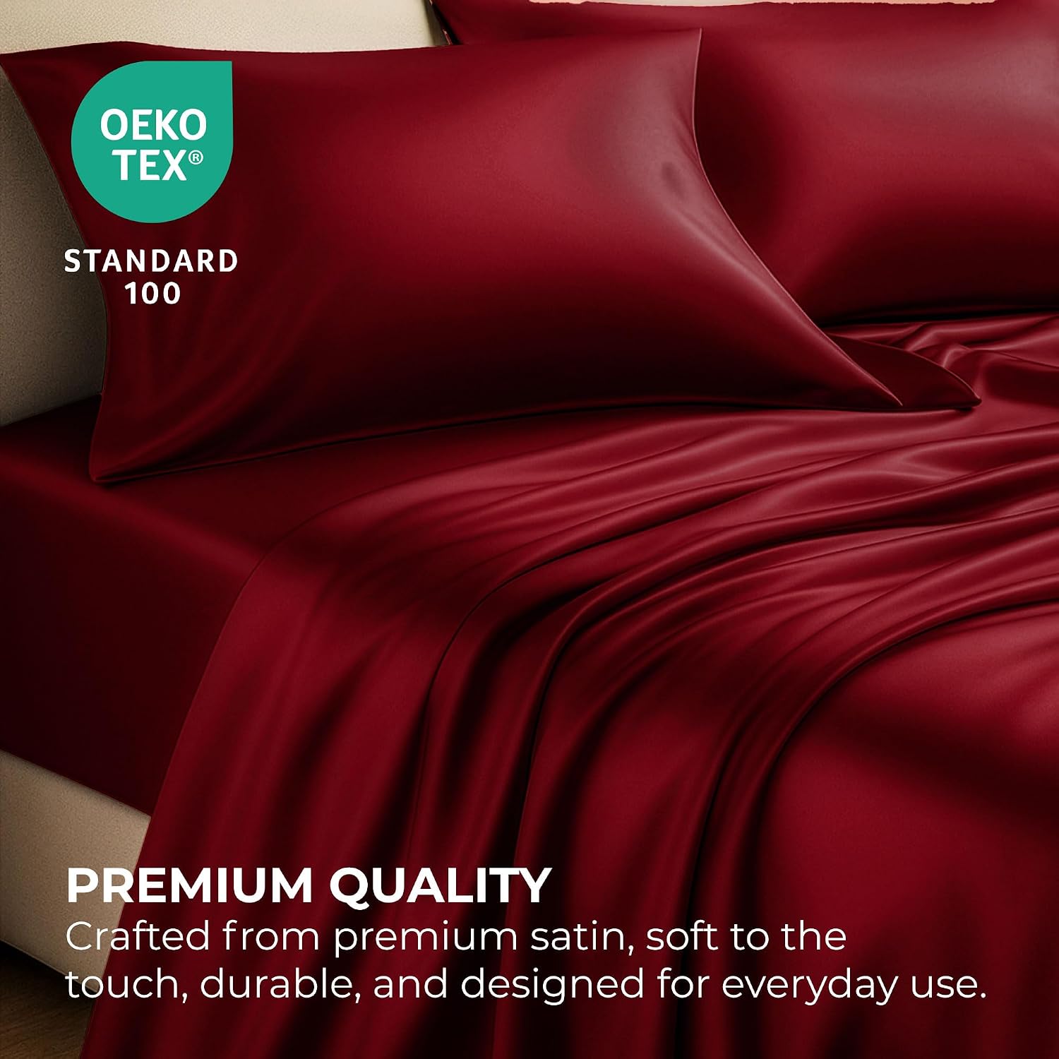 PureBedding Satin Sheets California King [4-Piece, Burgundy] Luxury Silky Bed Sheets - Extra Soft 1800 Microfiber Sheet Set, Wrinkle, Fade,…