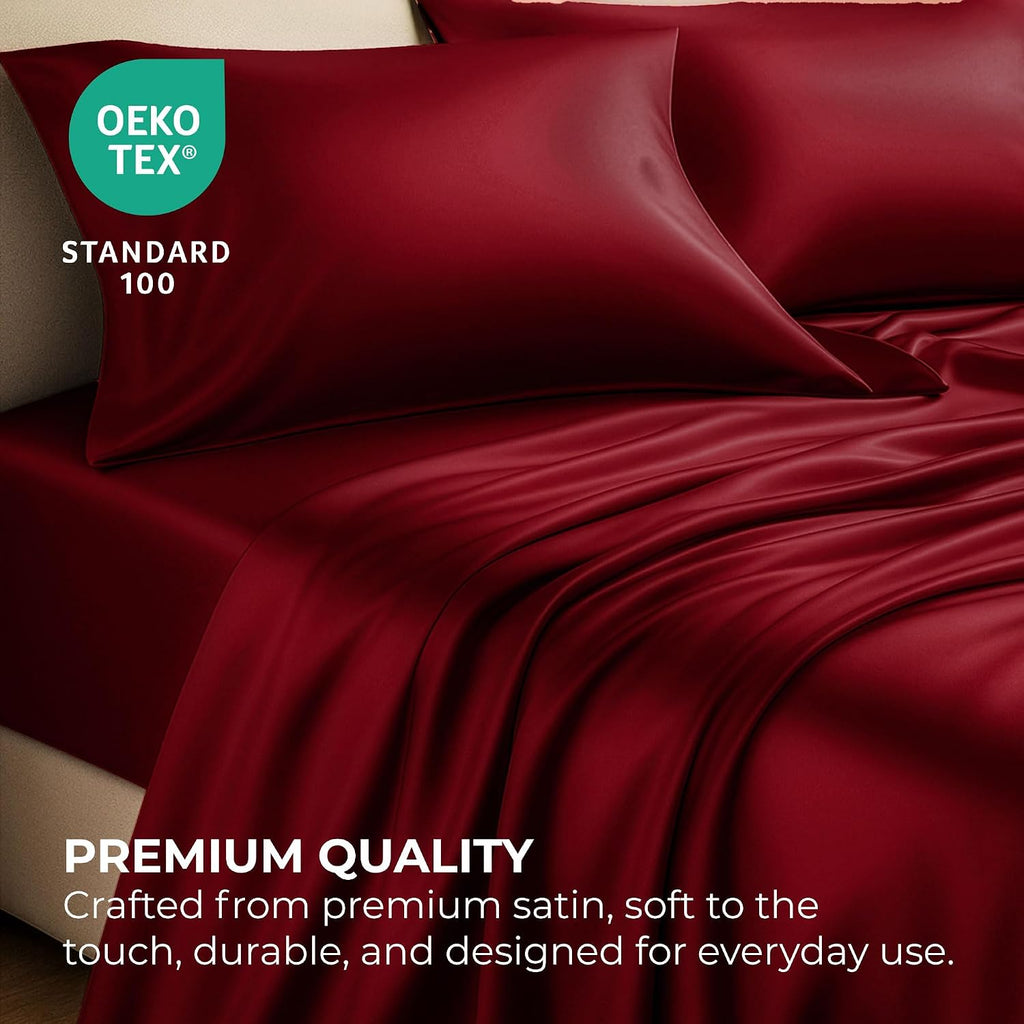 PureBedding Satin Sheets King [4-Piece, Burgundy] Hotel Luxury Silky Bed Sheets - Extra Soft 1800 Microfiber Sheet Set, Wrinkle, Fade, Stai…