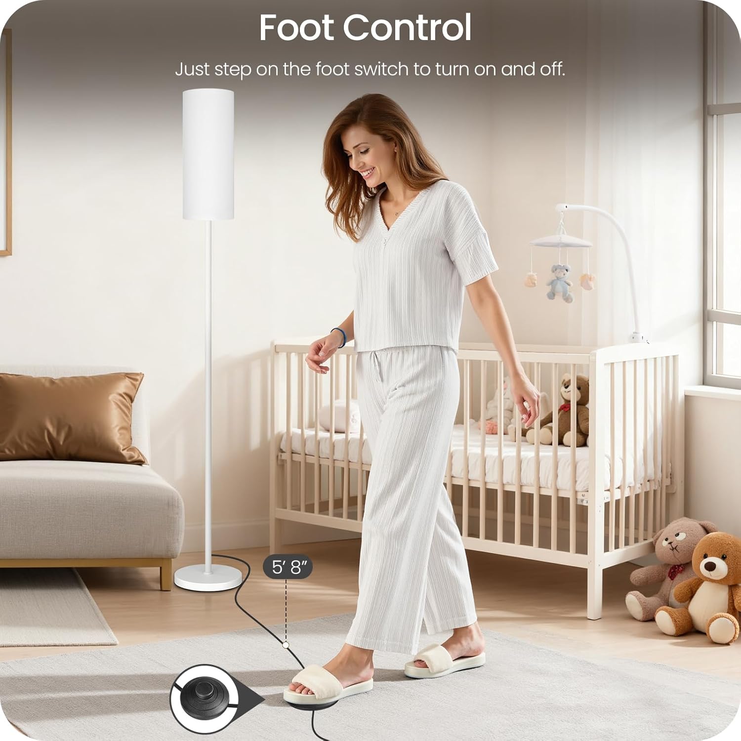 White Dimmable Floor Lamps for Living Room with Remote and Foot Switch, 64.4” Modern Standing Tall Lamp, Corner Lamp for Bedroom, Office…