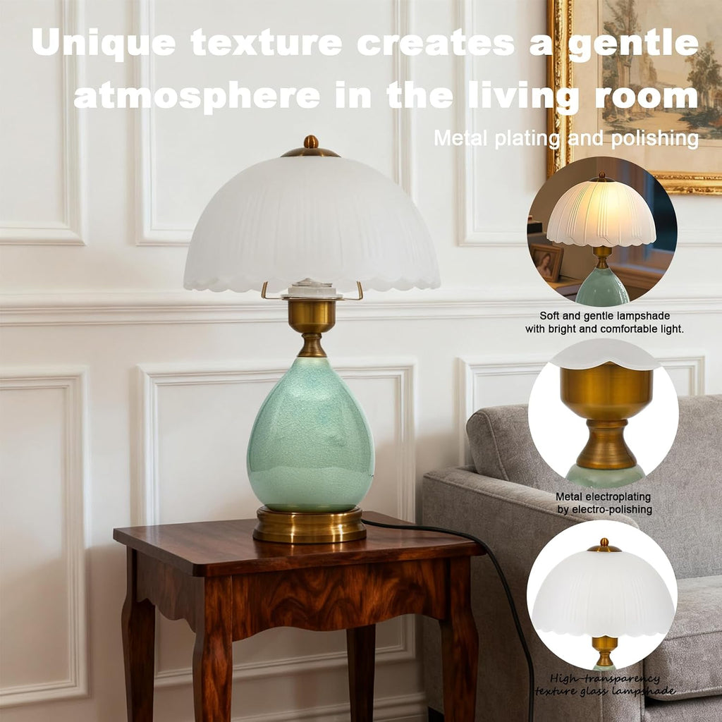 Table Lamps Ceramic Retro Lamp for Living Room,16.73" Modern Bedside Nightstand Traditional Lamps, Classic Chinoiserie Green Glass Lamp…