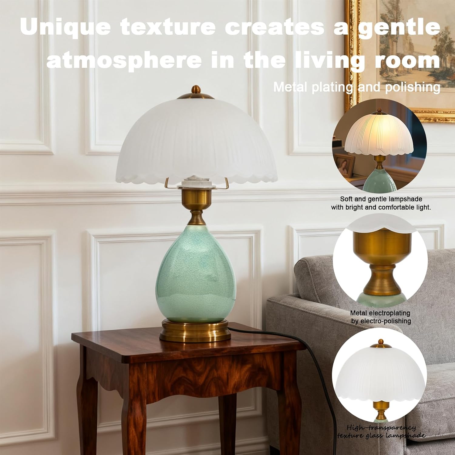 Table Lamps Ceramic Retro Lamp for Living Room,16.73" Modern Bedside Nightstand Traditional Lamps, Classic Chinoiserie Green Glass Lamp…
