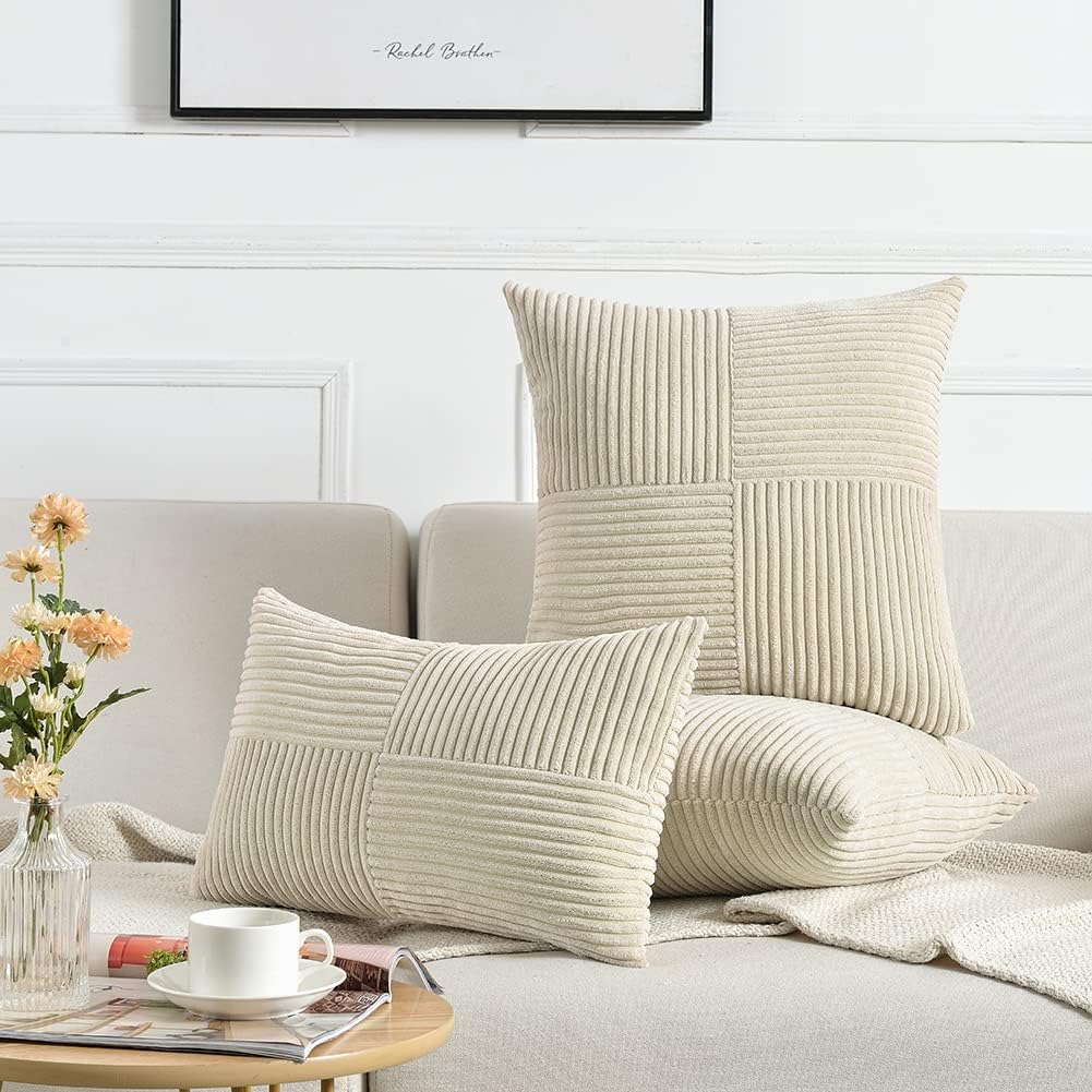 Fancy Homi Tan Decorative Throw Pillow Covers 16x16 Inch for Living Room Couch Bed Sofa, Farmhouse Boho Home Decor, Soft Corss Patchwork…