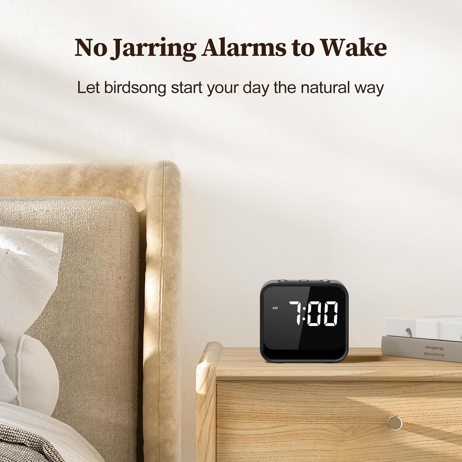HOUSBAY Wooden Sound Machine Alarm Clock for Bedrooms - Gentle Wake-Up with Birdsong, White Noise for Sleeping, Small Digital Clock for…