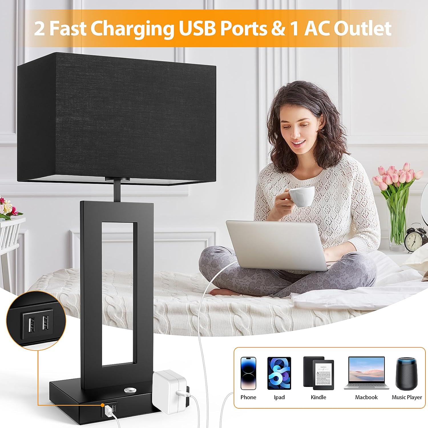 27.2’’ Tall Black Table Lamps for Living Room Bedroom, Bedside Touch Control Lamps with 2 USB Ports&AC Outlet, 3 Color Temp.&Stepless…