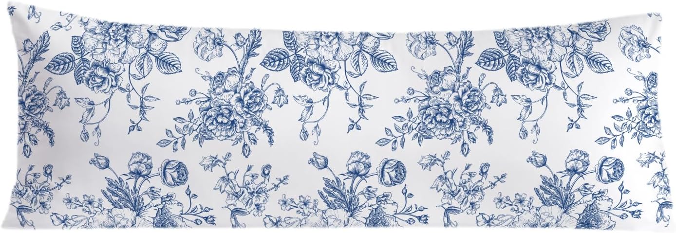 Vintage Blue Floral Chinoiserie 20x54 Body Pillow Cover, Grandmillennial Home Decor, Chinoiserie Decor, Blue and White Flower…
