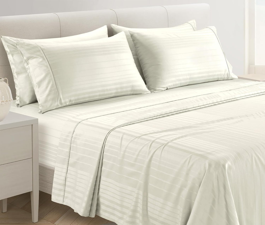 Casa Platino 100% Cotton Sheets Queen Size Set - 6 Pcs (1 Flat, 1 Fitted, 4 Pillowcases) - Striped 500 TC - Ultra Smooth, Gentle on Skin…