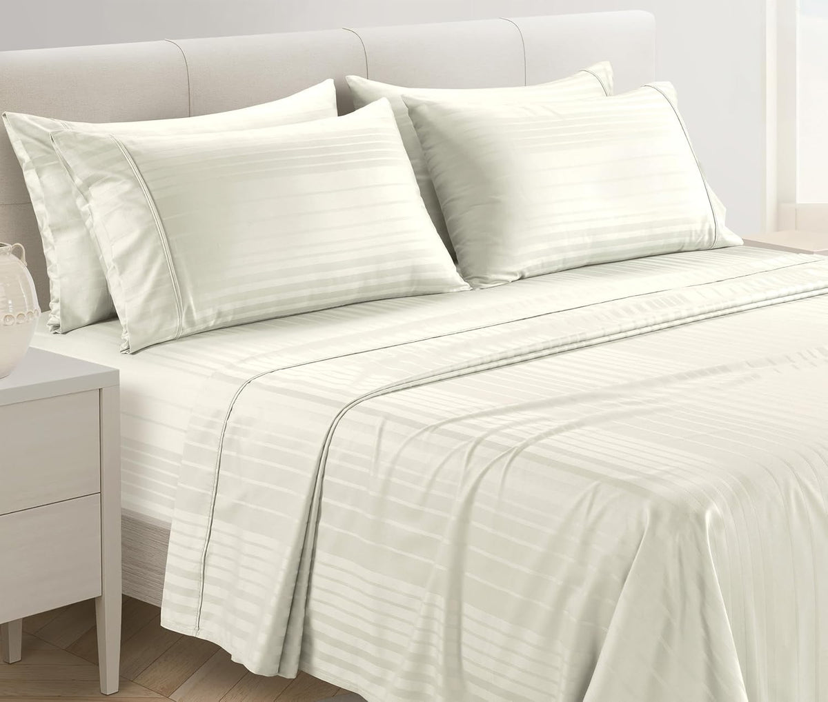 Casa Platino 100% Cotton Sheets King Size Set - 6 Pcs (1 Flat, 1 Fitted, 4 Pillowcases) - Striped 500 TC - Ultra Smooth Sateen Weave Bed…