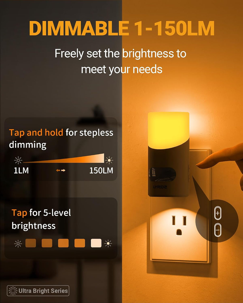 Lyridz Amber Night Light with Motion Sensor, 1-150LM Dimmable Plug-in Nightlight Indoor for Bedroom, Bathroom, Hallway, Stairs, Pet…