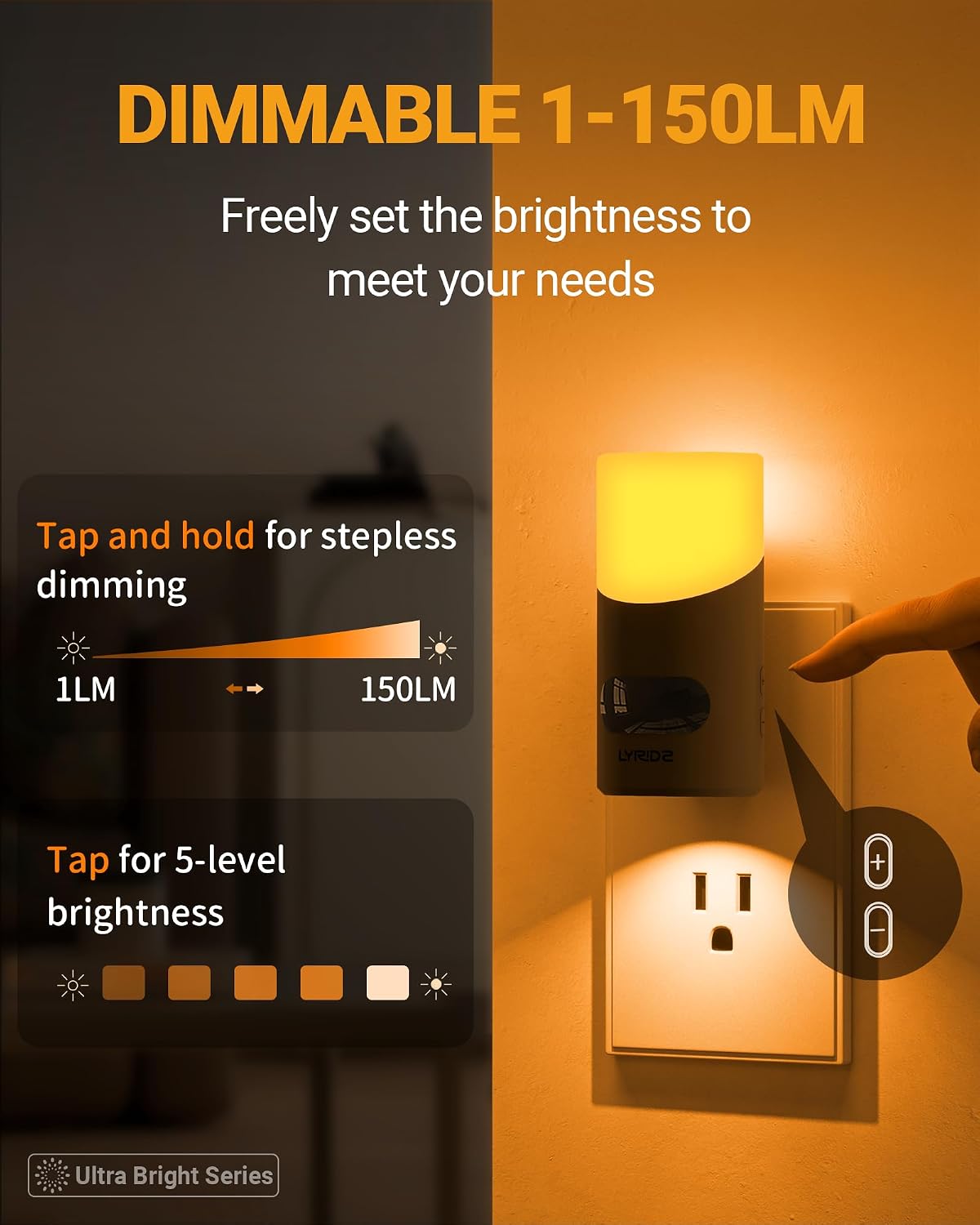 Lyridz Amber Night Light with Motion Sensor, 1-150LM Dimmable Plug-in Nightlight Indoor for Bedroom, Bathroom, Hallway, Stairs, Pet…