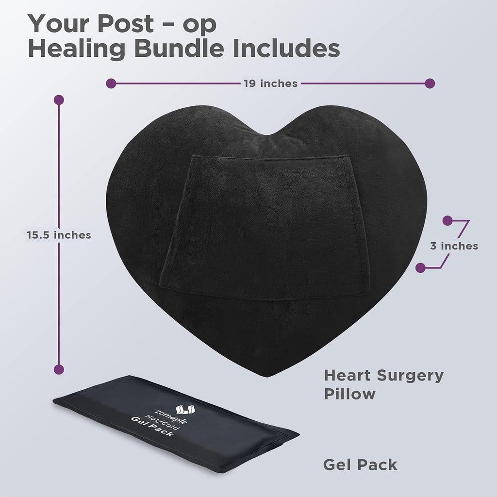 Zomaple Open Heart Surgery Pillow + Gel Pack, Black – Eases Chest Pressure for Calmer Rides & Rest – Hot/Cold Comfort, Torso Support…