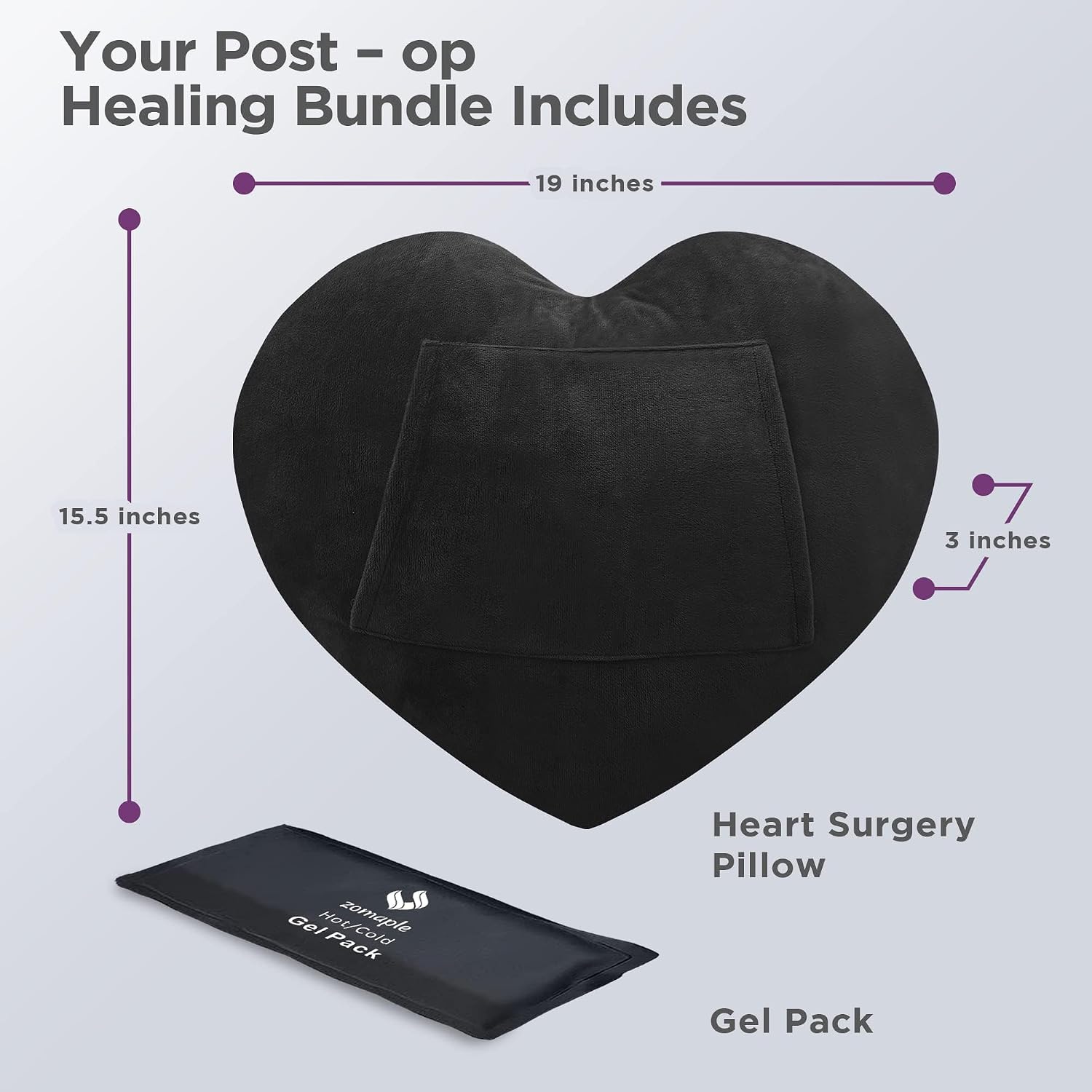 Zomaple Open Heart Surgery Pillow + Gel Pack, Black – Eases Chest Pressure for Calmer Rides & Rest – Hot/Cold Comfort, Torso Support…