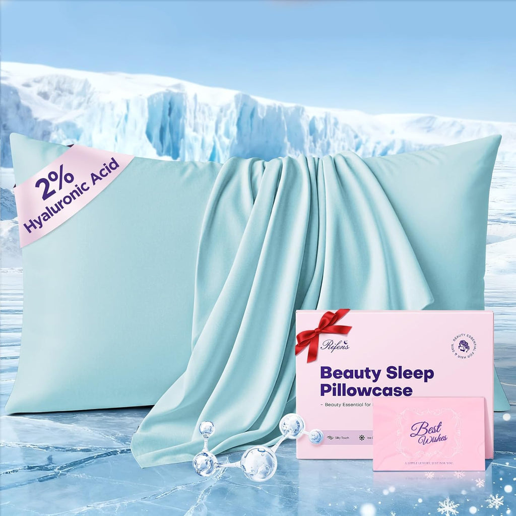 Rifens Instant Chill Cooling Pillowcase for Hot Sleepers, 2% HA Infused Pillowcase Hydrates Skin & Hair, Reduces Wrinkles & Frizz, Softer T…