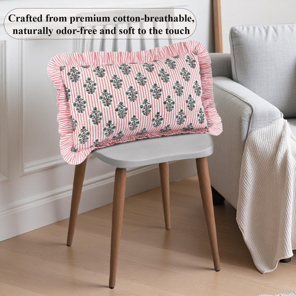 Ridhi Block Print Salmon Blossom 20"x12" Set 1-100% Cotton Ruffle Lumbar Sham Cover Boho Floral Pillowcase, Farmhouse Cottagecore…