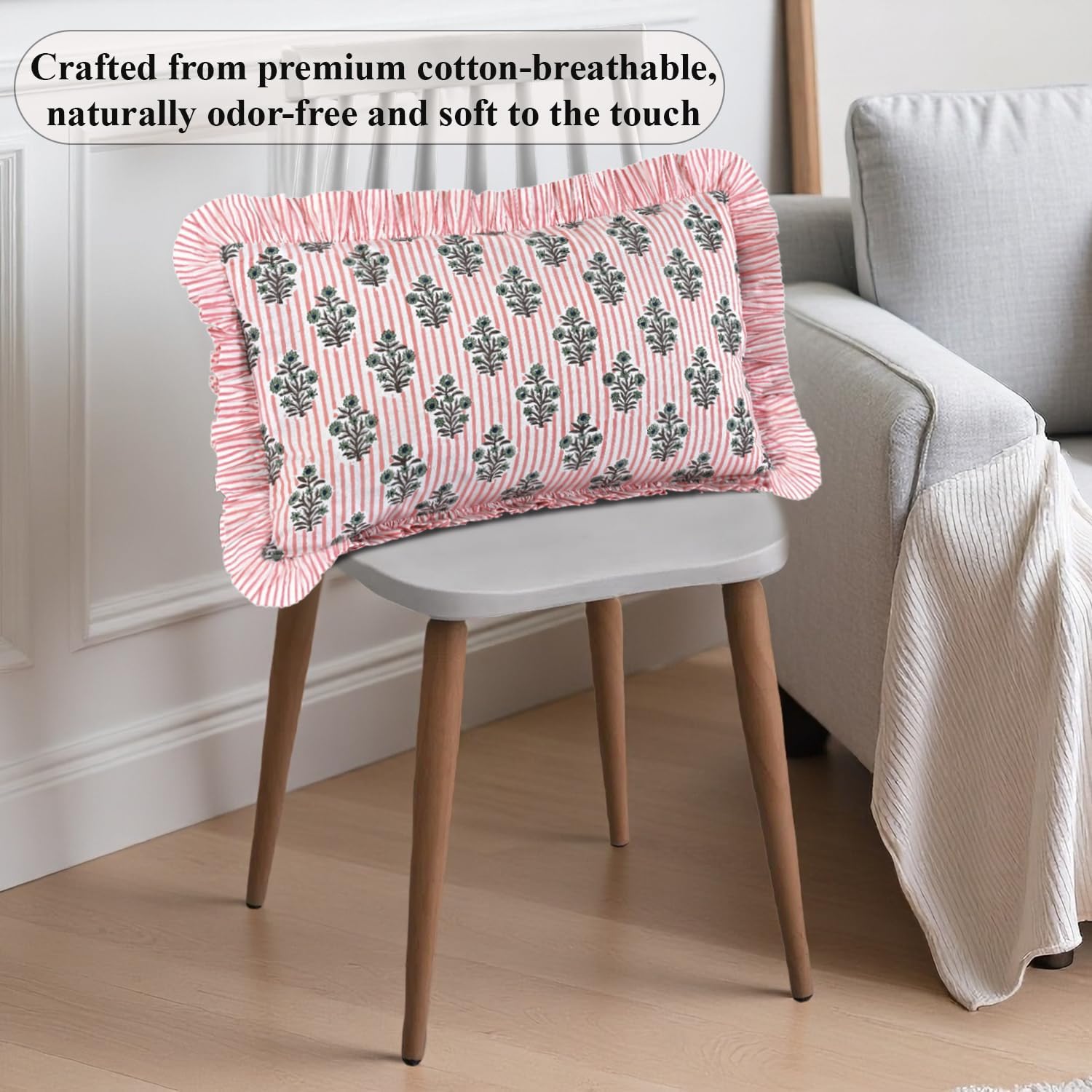 Ridhi Block Print Salmon Blossom 20"x12" Set 1-100% Cotton Ruffle Lumbar Sham Cover Boho Floral Pillowcase, Farmhouse Cottagecore…