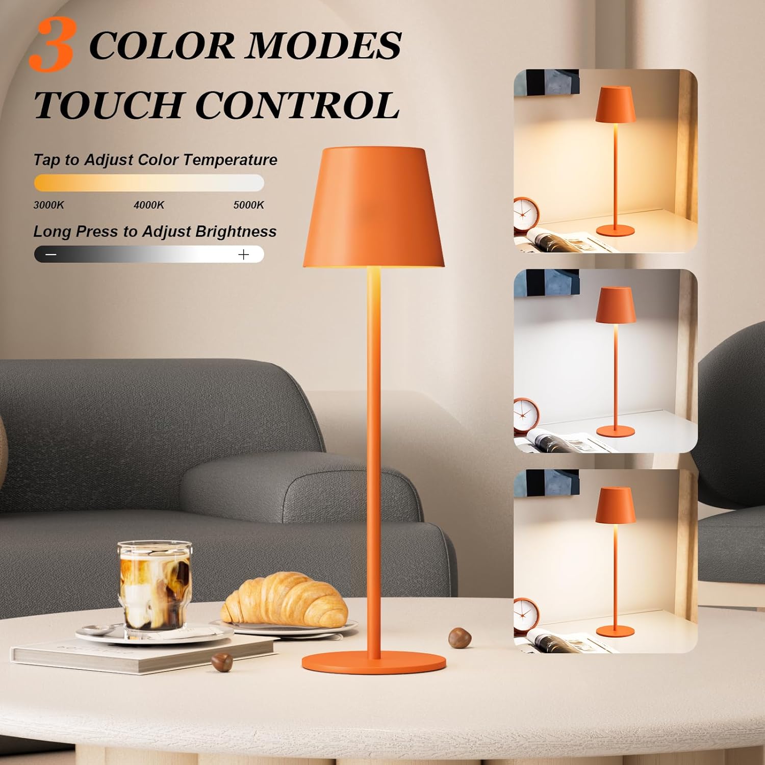 Kakanuo Cordless Table Lamp Rechargeable Orange - KK 2 Pack 5000mAH Battery Operated Lamp for Counter, 3 Color Stepless Dimming Wireless…
