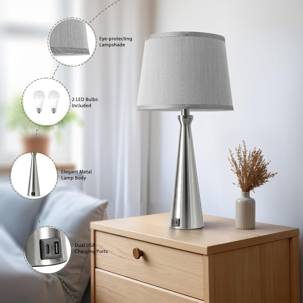 Seealle Modern Table Lamps Set of 2 - Touch Bedside Lamp for Nightstand with Dual USB C+A,3-Way Dimmable Silver Nightstand Lamps for…