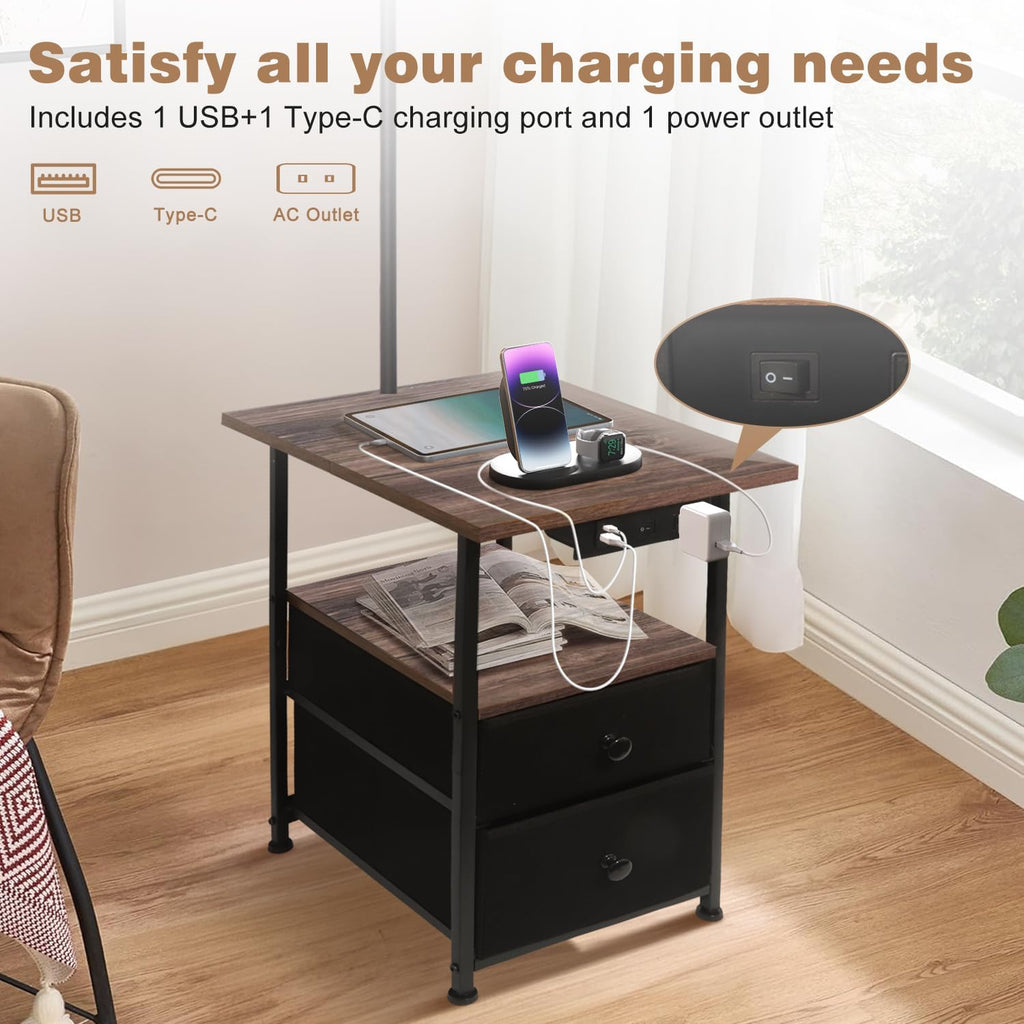PESRAE Floor Lamp with Table & 2 Drawers, End Table with 3 Color Temperature Reading Light, Side Table Lamp with USB & Type C & AC…
