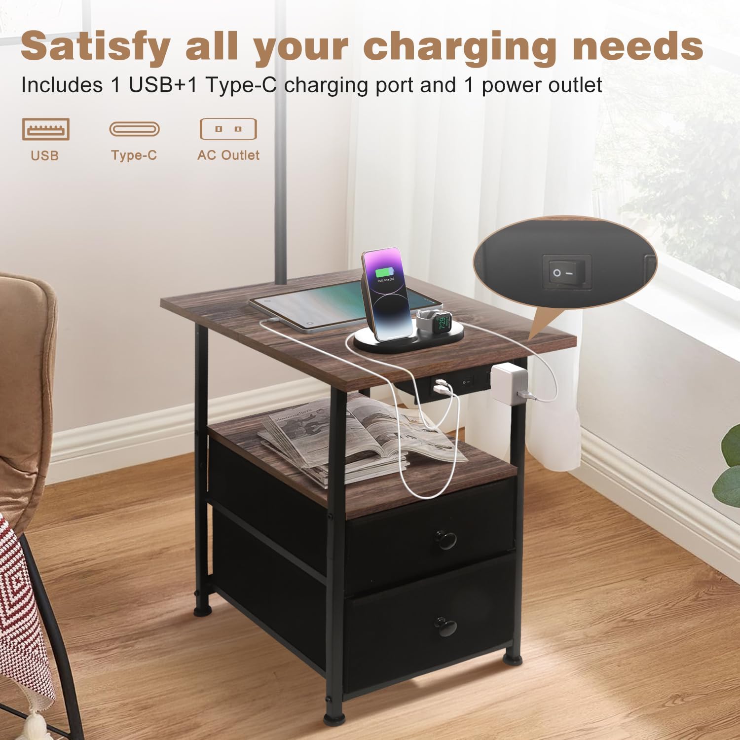 PESRAE Floor Lamp with Table & 2 Drawers, End Table with 3 Color Temperature Reading Light, Side Table Lamp with USB & Type C & AC…
