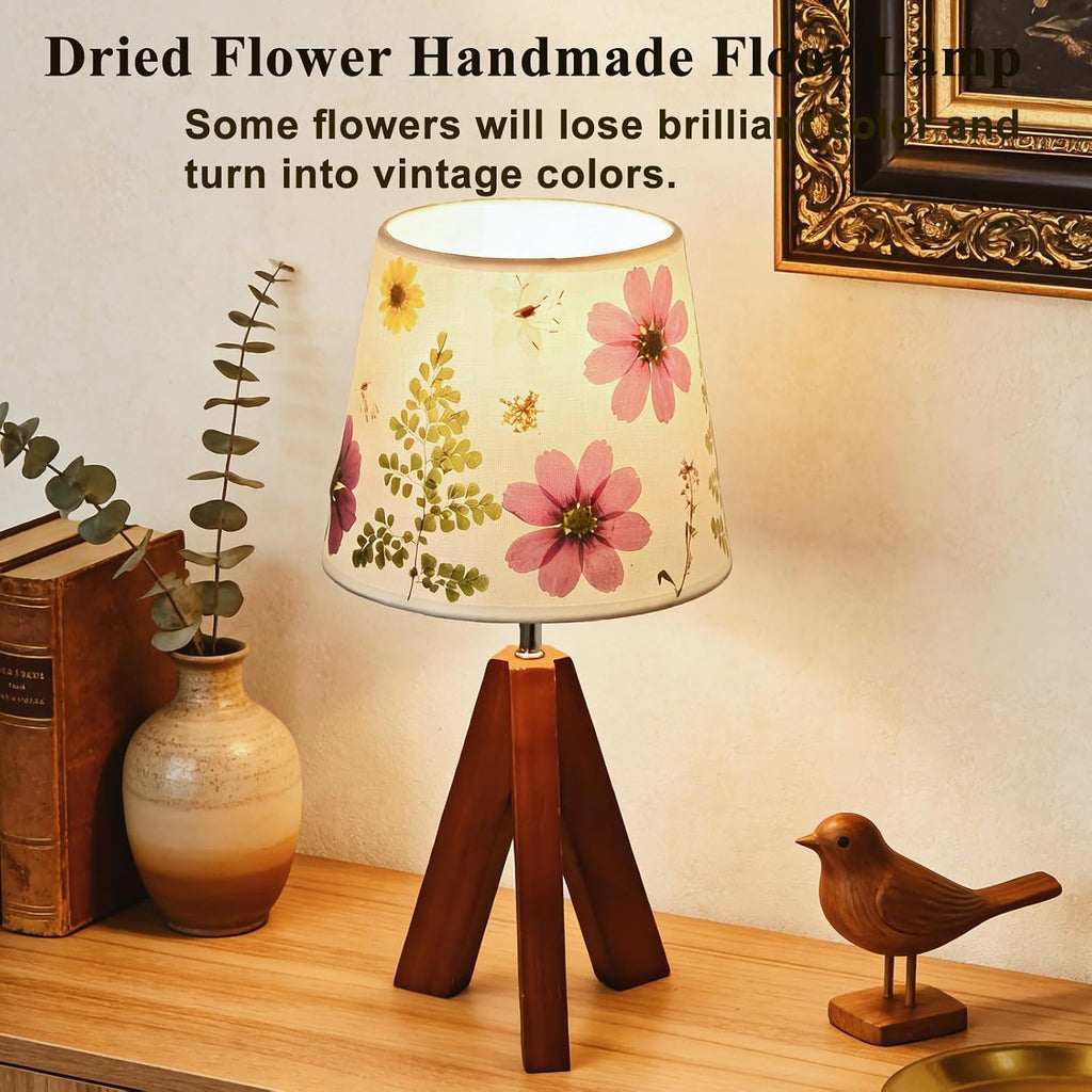 Dried Flowers Tripod Table Lamp 14.17in, 9W LED Dimmable Cute Bedside Lamp with Flowers Linen Lampshade for Nursery, Bedroom, Kid Room…