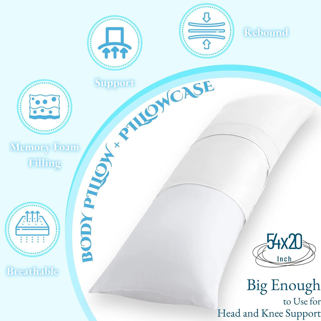 Ubauba Memory Foam Body Pillow with Cover, Full Large Body Pillows Insert for Adults with Envelope Closure Pillowcase, Firm & Fluffy Long…