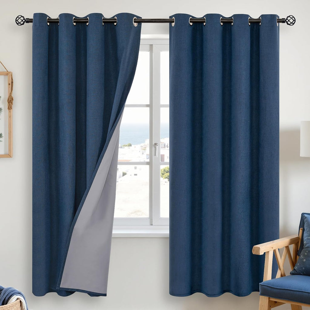 YoungsTex Blue Linen Blackout Curtains for Bedroom 78 Inches Long, Full Light Blocking Drapes for Living Room Windows Thermal Insulated wit…