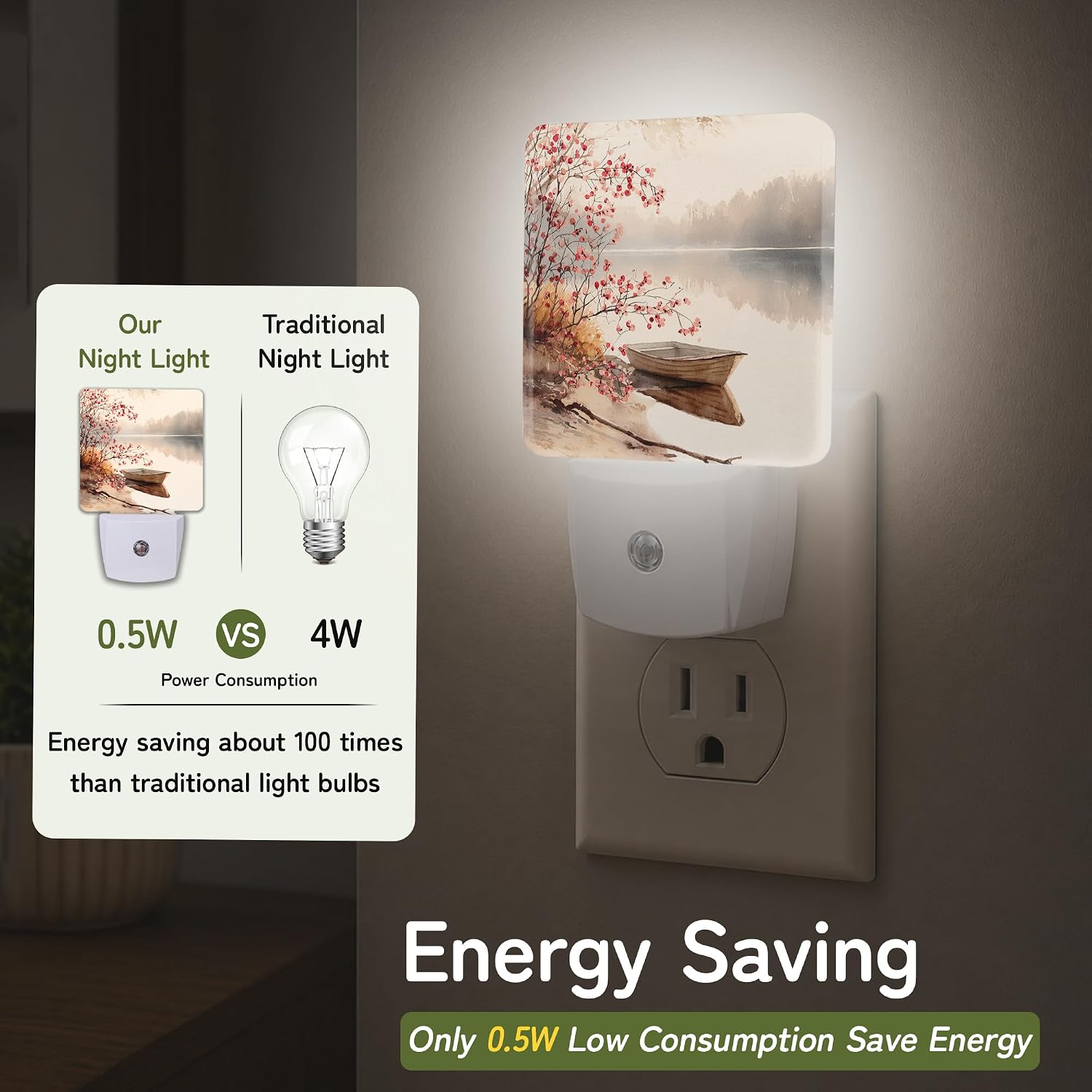 Lake Boat Autumn Night Lights Plug into Wall, Night Light for Bedroom Bathroom Hallway Kitchen, Auto Dusk to Dawn Sensor Decorative Gift…