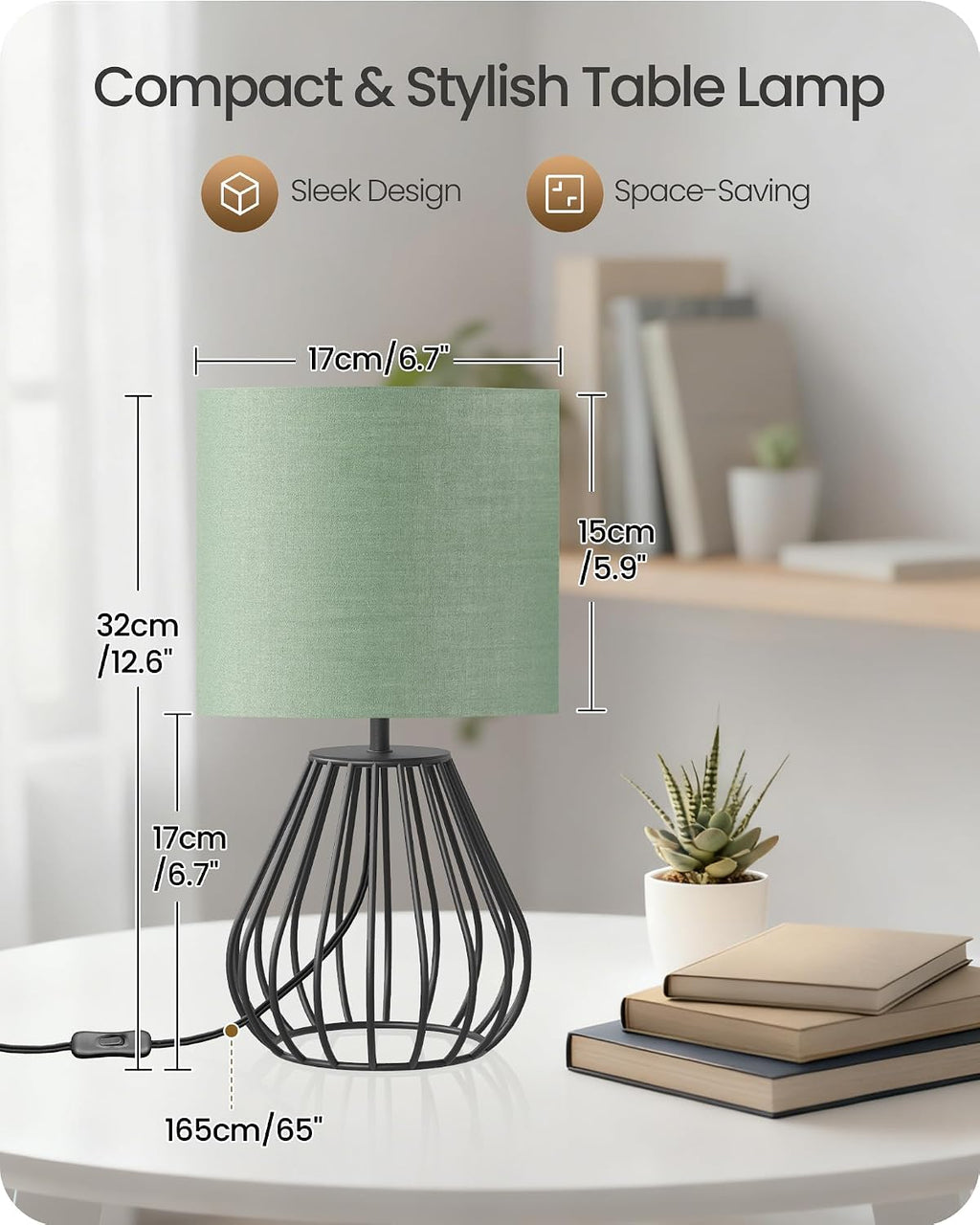 Green Table Lamp, Small Bedside Lamp with Green Linen Shade & Black Metal Base, 2700K LED Bulb Included, Modern Nightstand Lamp for…