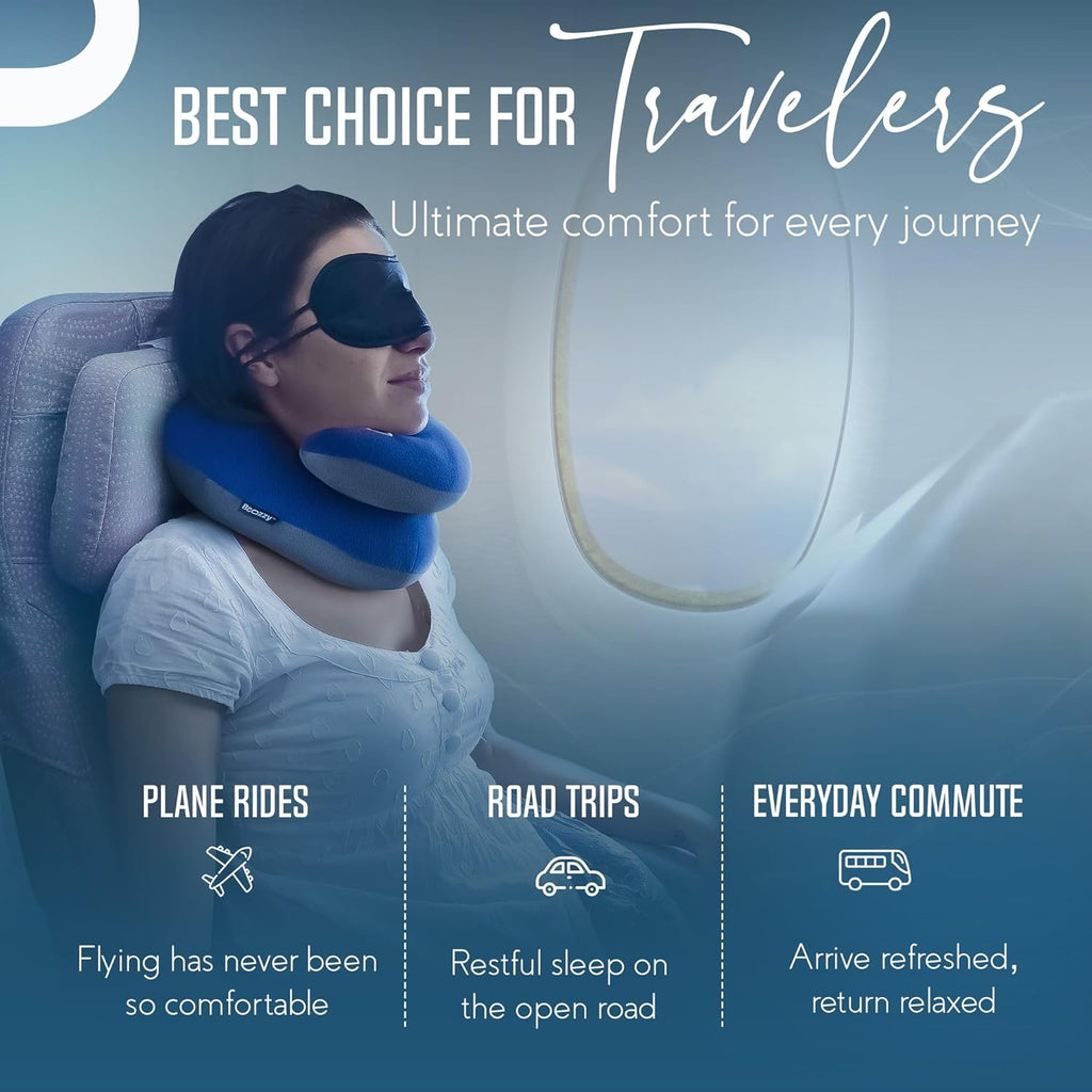 BCOZZY Travel Neck Pillow for Airplane – Patented Double Support for Head, Neck, and Chin. Best for Long Flights, Plane Sleeping, and Car…