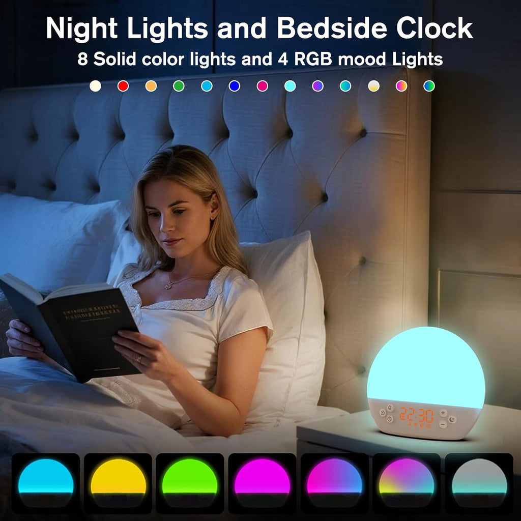 Wake up Light Sunrise Alarm Clock, Digital Alarm Clock Bedside Dimmable Night Light, White Noise Sound Machine 30 Soothing Sounds, Loud…
