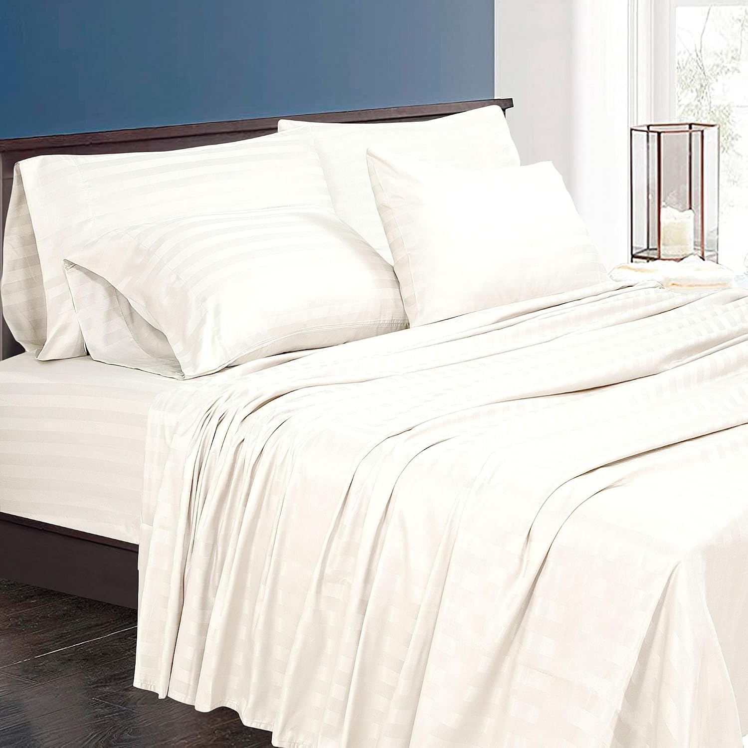 Royalelinens ROYALE LINENS 1500 Thread Count Poly Cotton Sateen Dobby Stripe Sheet Set - 6 Piece Queen Bed Sheets - 1 Fitted, 1 Flat, 4 Pil…