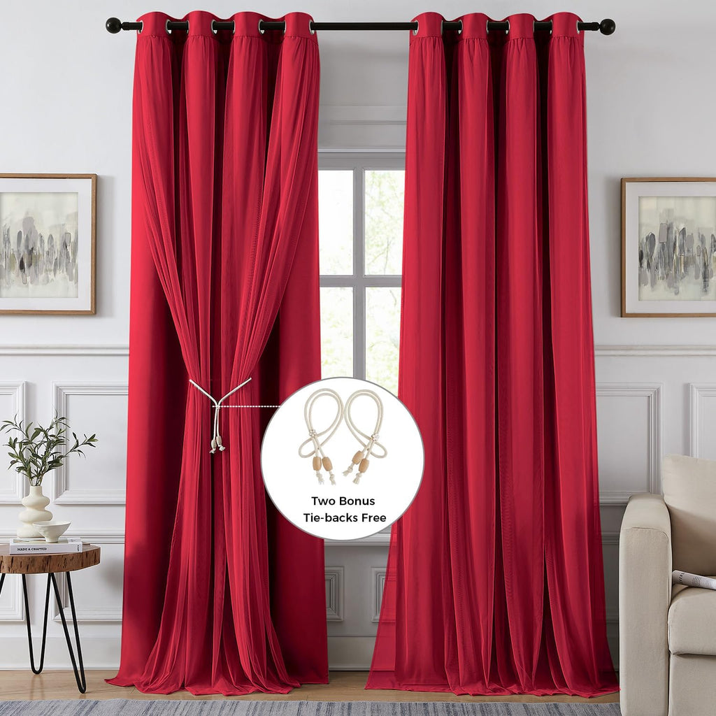 Swandream Blackout Curtains for Bedroom, Double Layer Red Curtains, Black Out Curtain 90 inch Long with Sheer Overlay for Living Room, Room…