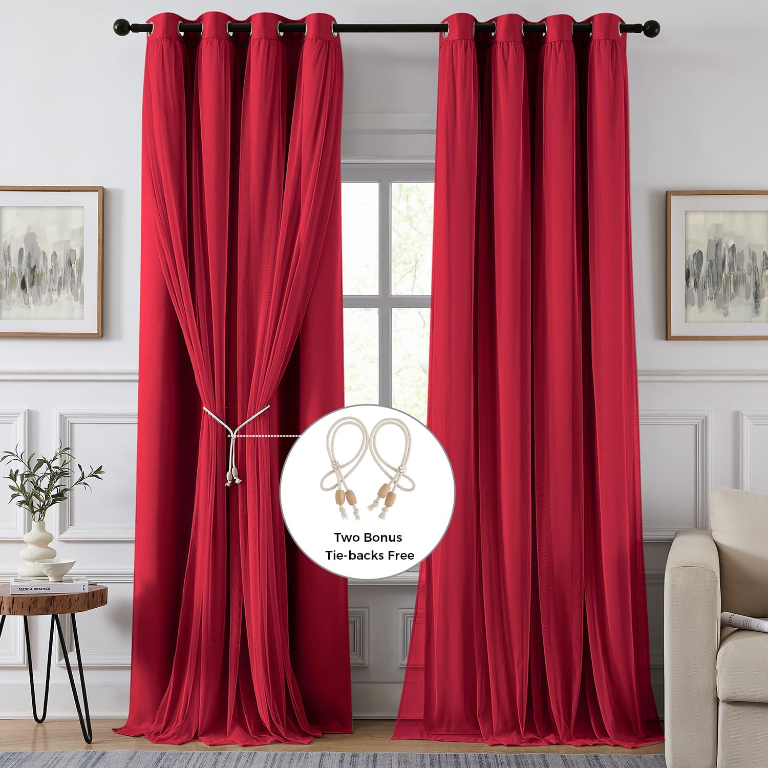 Swandream Blackout Curtains for Bedroom, Double Layer Red Curtains, Black Out Curtain 90 inch Long with Sheer Overlay for Living Room, Room…