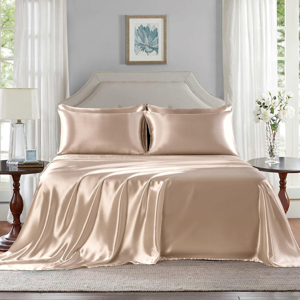 Golal Satin Sheets King Size - 6 Pieces Luxury Silky Soft Bed Sheets, Wrinkle-Free Champagne Satin Silk Sheet Set with 1 Deep Pocket Fitted…