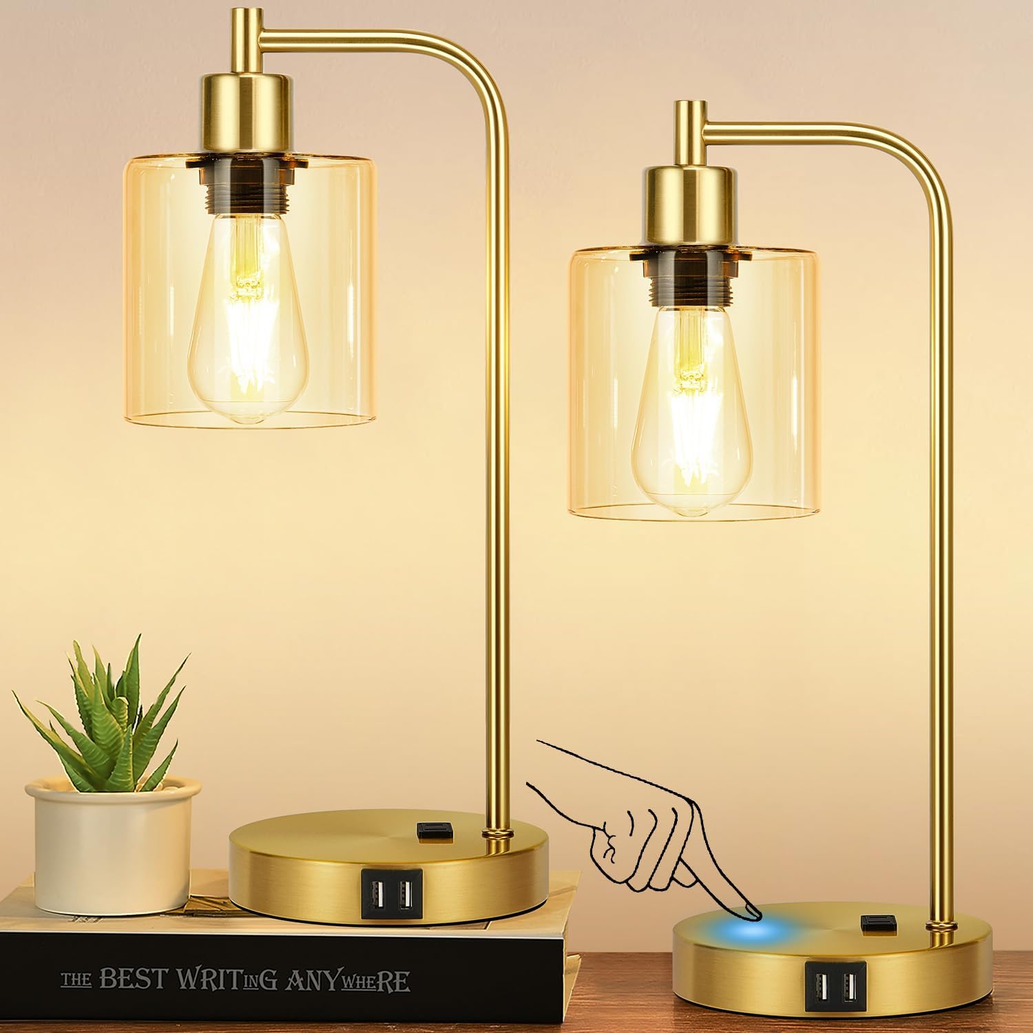Set of 2 Industrial Touch Control Table Lamps with 2 USB Ports and AC Outlet - 3-Way Dimmable Gold Bedside Lamp Nightstand Desk Lamps for…