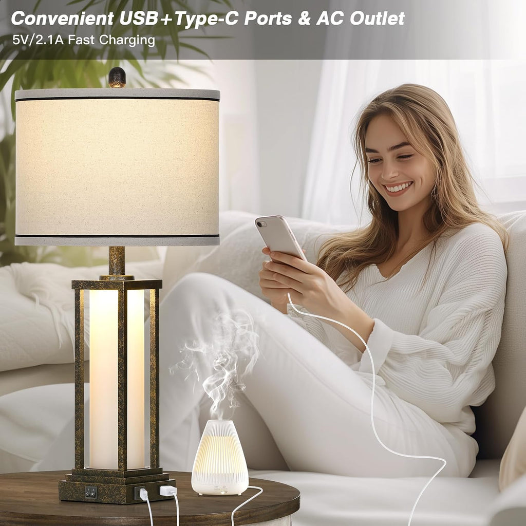 27" Tall Vintage Table Lamp Set of 2 with USB C+A & Outlet, Bronze Industrial End Table Lamp for Living Room, Farmhouse Rustic Bedside…