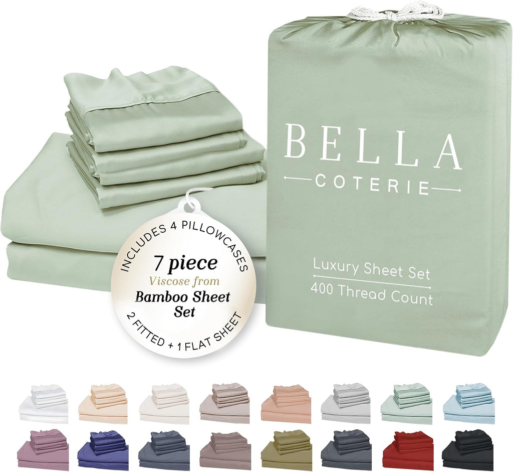 Bella Coterie 7 Piece Luxury Bamboo Viscose Split King Size Sheet Set | 2 Fitted Sheets for Adjustable Beds | 100% Organically Grown |…