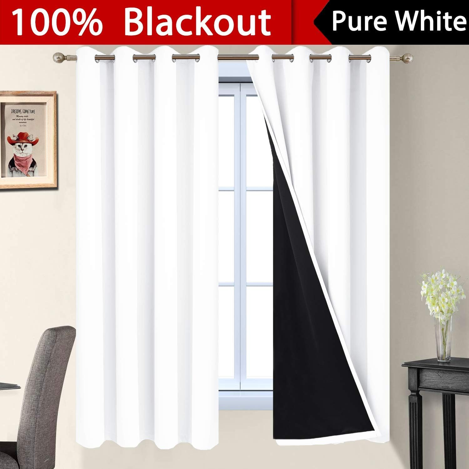 Yakamok White 100% Blackout Curtains, 2 Thick Layers Full Light Blocking Thermal Insulated Drapes with Black Liner for Bedroom(52Wx63L, Pur…