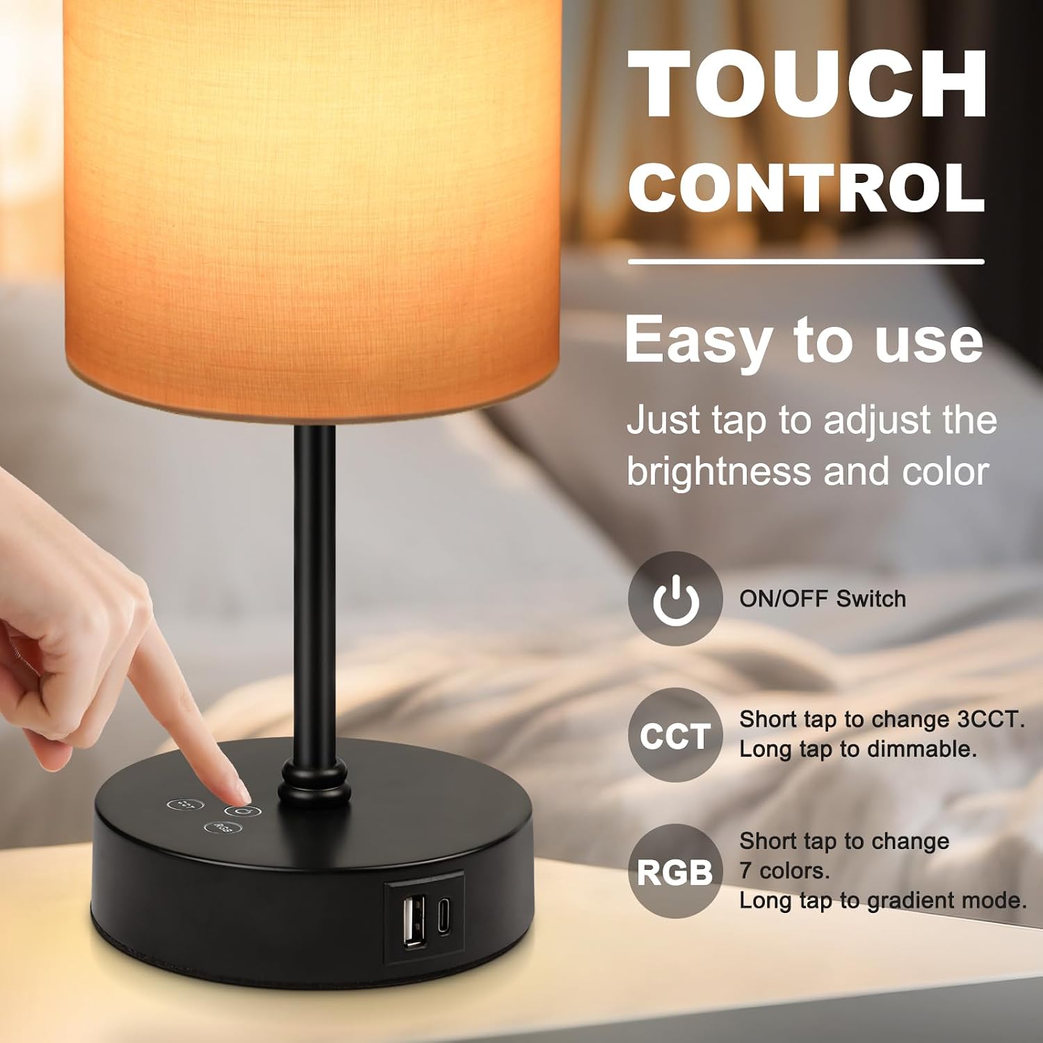 Unicozin Table Lamp for Bedroom, 3 Color Temperatures, 7 RGB Colors, Adjustable Brightness, Dual USB Charging Ports, Ambience Nightstand…