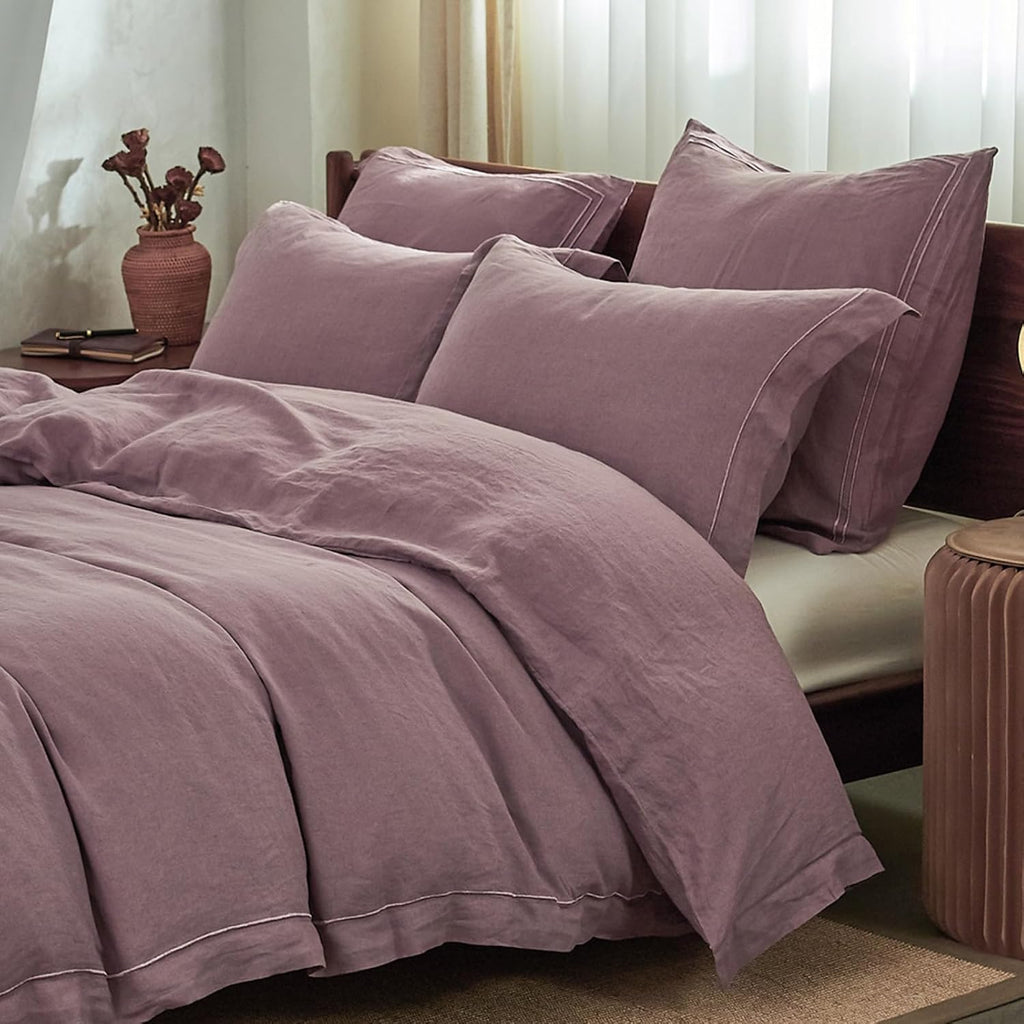 Simple&Opulence 100% Washed Linen Duvet Cover with Embroidered, 2 Pieces Soft Farmhouse Comforter Set with Button Closure,1…