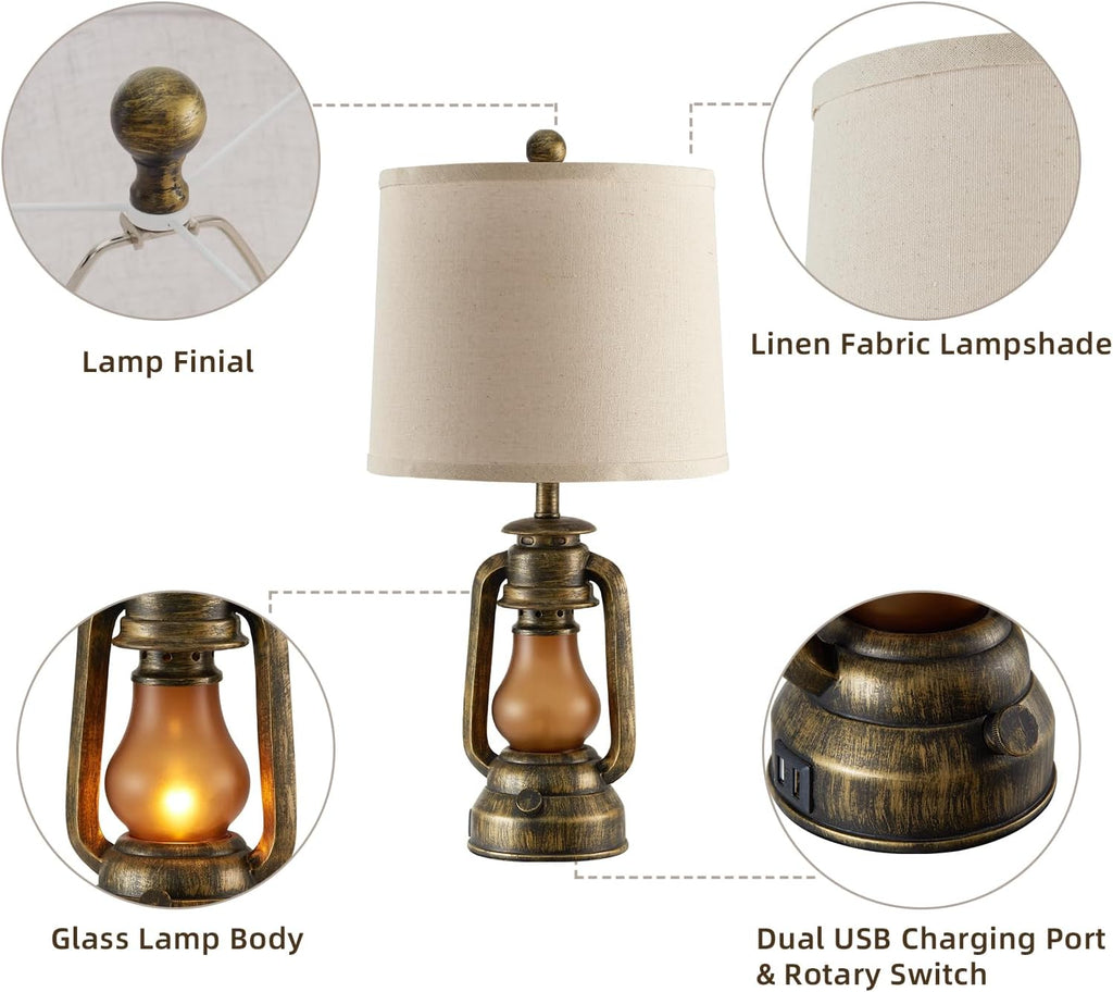 Set of 2 Farmhouse Lantern Table Lamps for Living Room with 2 USB Charging Ports, Rustic Vintage Nightstand Lamps with Nightlight for…