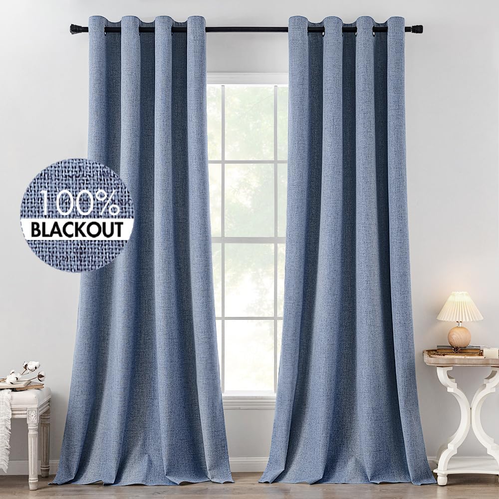 Miulee Linen Texture Curtains for Bedroom Solid 100% Blackout Thermal Insulated Stone Blue Curtains Grommet Room Darkening Curtains/Draperi…